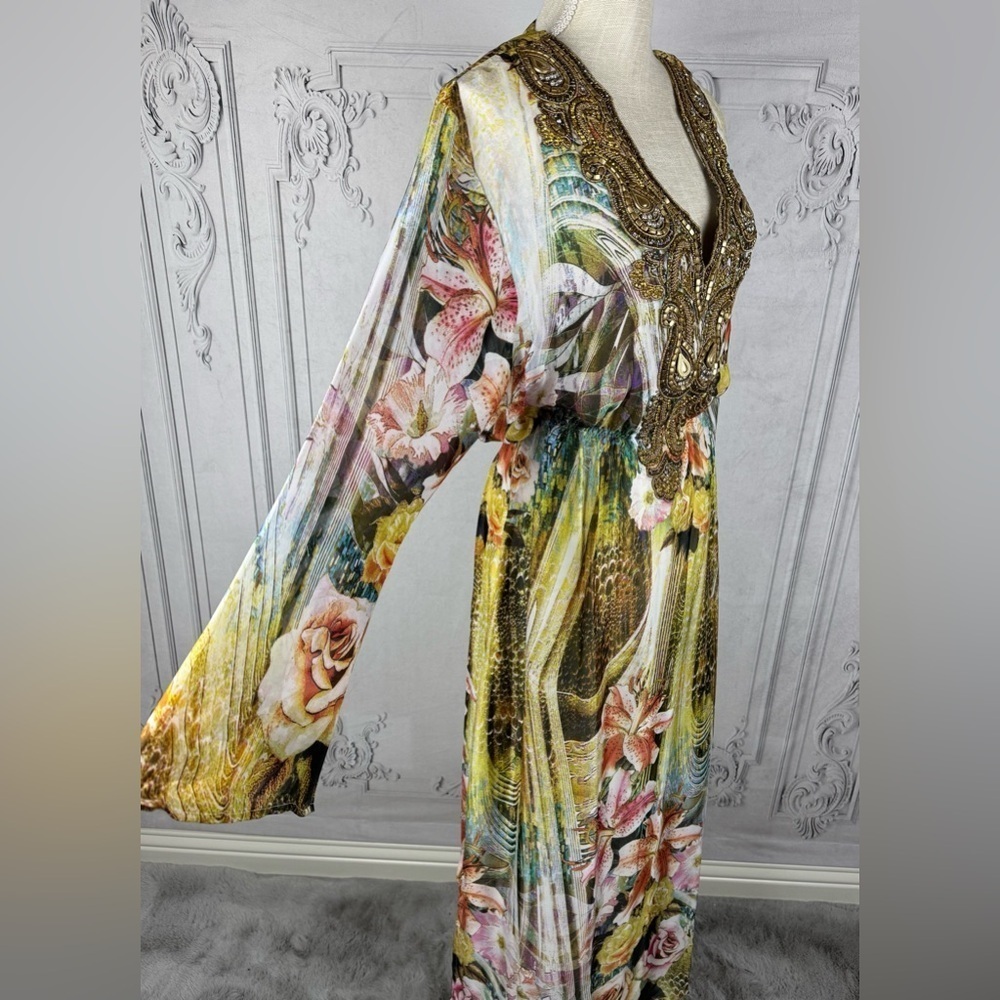 Classy Embellished V-neck Long Flared Sleeves Kaftan Swimsuit Coverup Dress - Picture 5 of 10